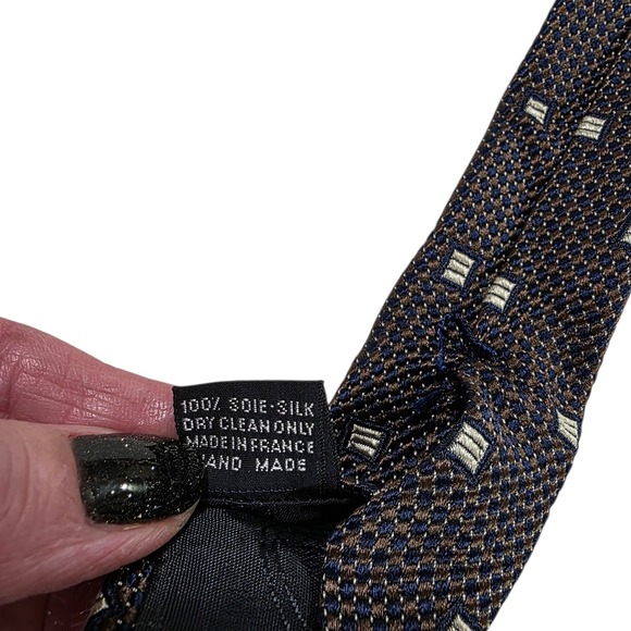 Faconnable Men's Tie Necktie‎ Designer Luxury Brown Blue Geometric France Silk - Picture 10 of 13